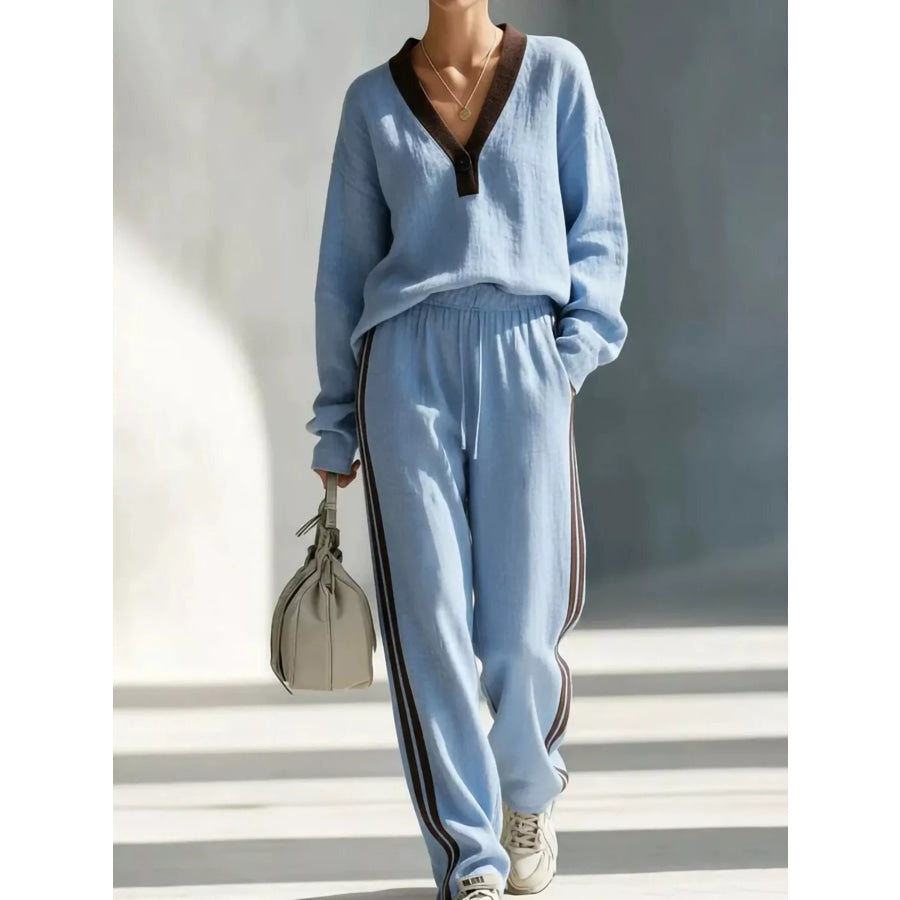 Contrast V-Neck Top and Striped Pants Set Blue / S Apparel and Accessories