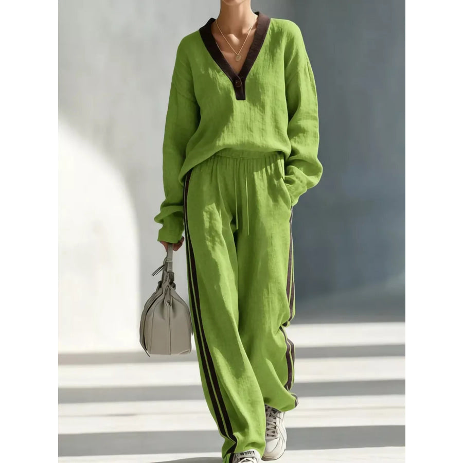 Contrast V-Neck Top and Striped Pants Set Green / S Apparel and Accessories
