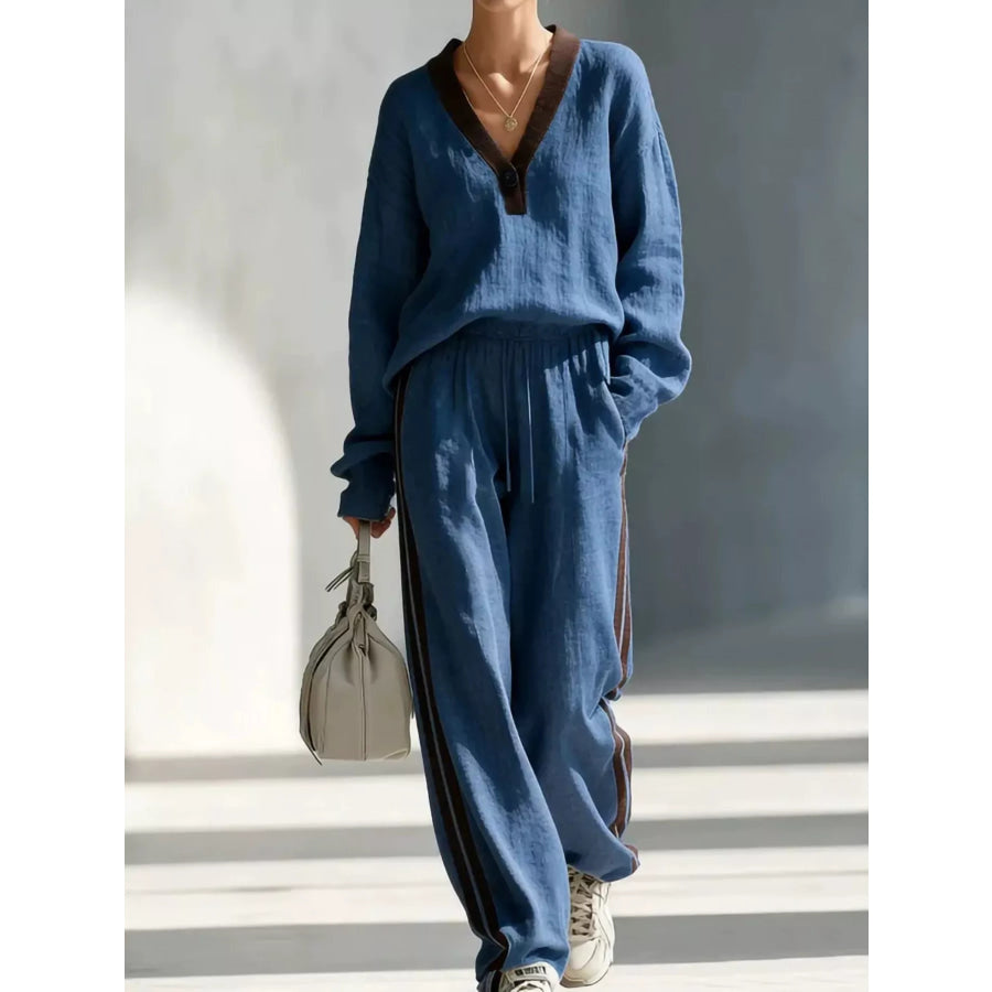 Contrast V-Neck Top and Striped Pants Set Navy Blue / S Apparel and Accessories