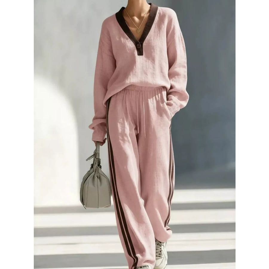 Contrast V-Neck Top and Striped Pants Set Pink / S Apparel and Accessories