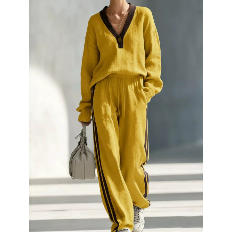 Contrast V-Neck Top and Striped Pants Set Yellow / S Apparel and Accessories