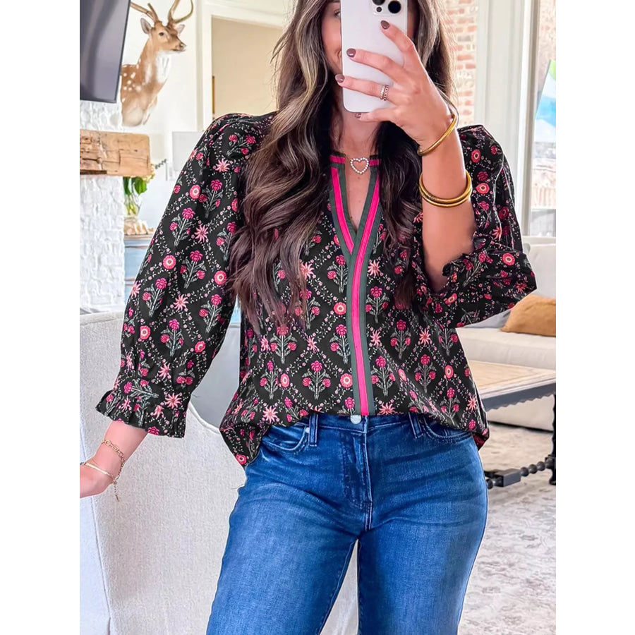 Contrast V Neckline Bracelet Sleeve Vintage Floral Blouse Apparel and Accessories