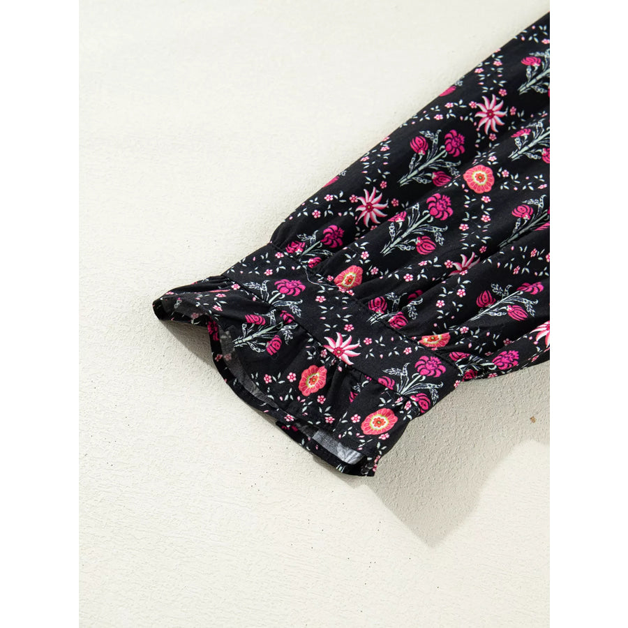 Contrast V Neckline Bracelet Sleeve Vintage Floral Blouse Apparel and Accessories