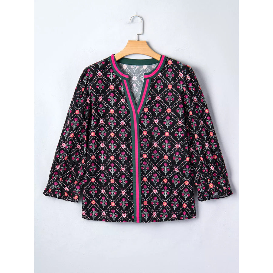 Contrast V Neckline Bracelet Sleeve Vintage Floral Blouse Apparel and Accessories