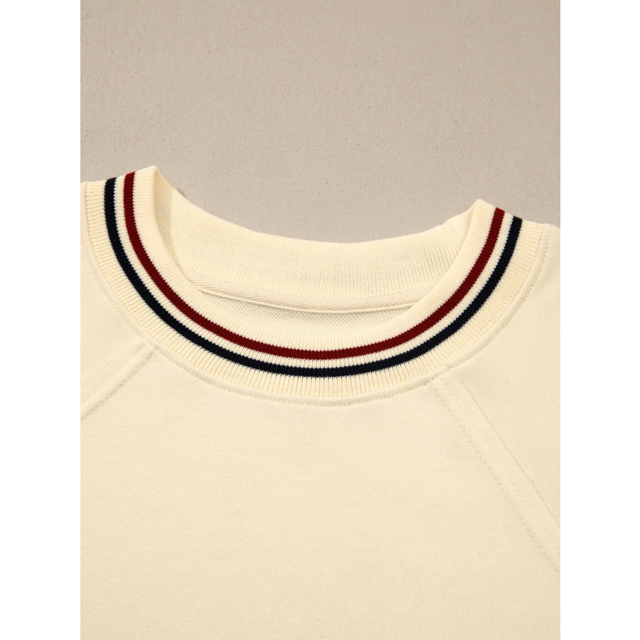 Contrast Varsity Striped Neckline Cuffed Short Sleeve Loose Tunic Top Apparel and Accessories