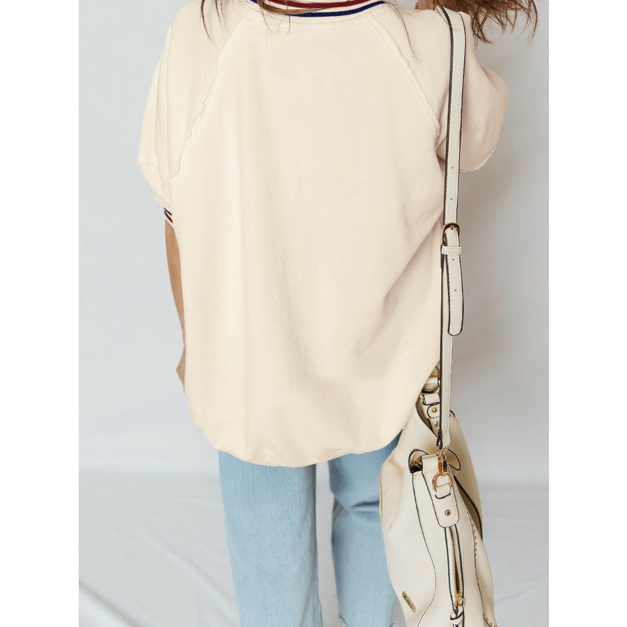 Contrast Varsity Striped Neckline Cuffed Short Sleeve Loose Tunic Top Apparel and Accessories