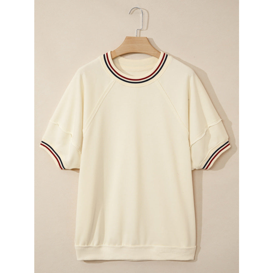 Contrast Varsity Striped Neckline Cuffed Short Sleeve Loose Tunic Top Apparel and Accessories