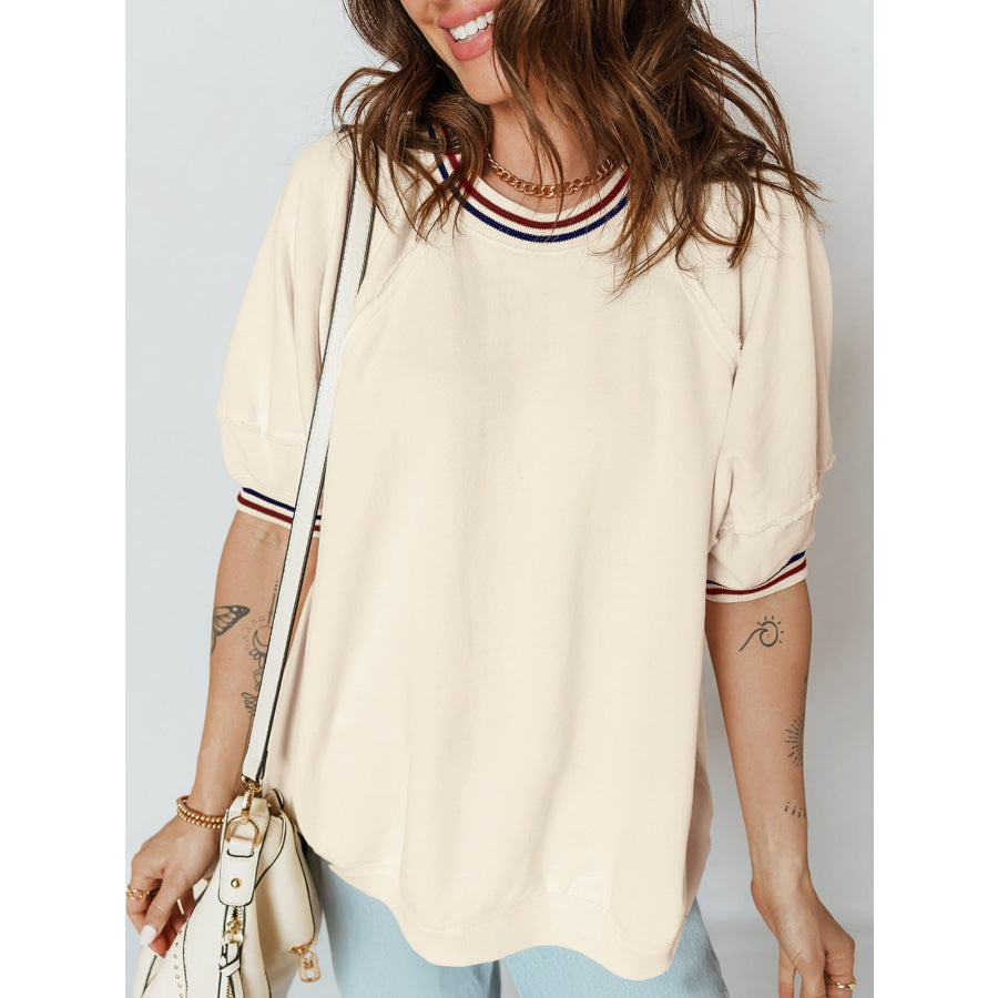 Contrast Varsity Striped Neckline Cuffed Short Sleeve Loose Tunic Top Apparel and Accessories
