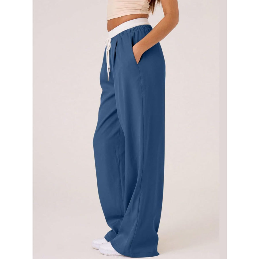 Contrast Waistband Drawstring Wide Leg Pants Royal Blue / S Apparel and Accessories