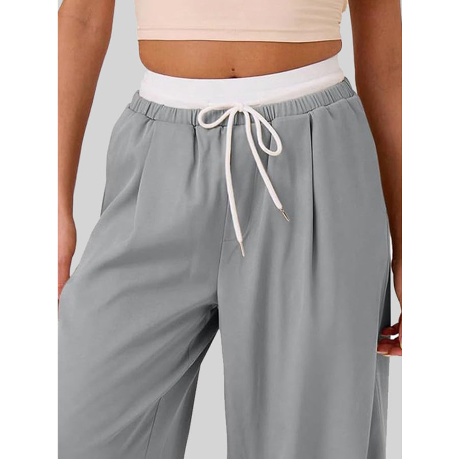 Contrast Waistband Drawstring Wide Leg Pants Apparel and Accessories