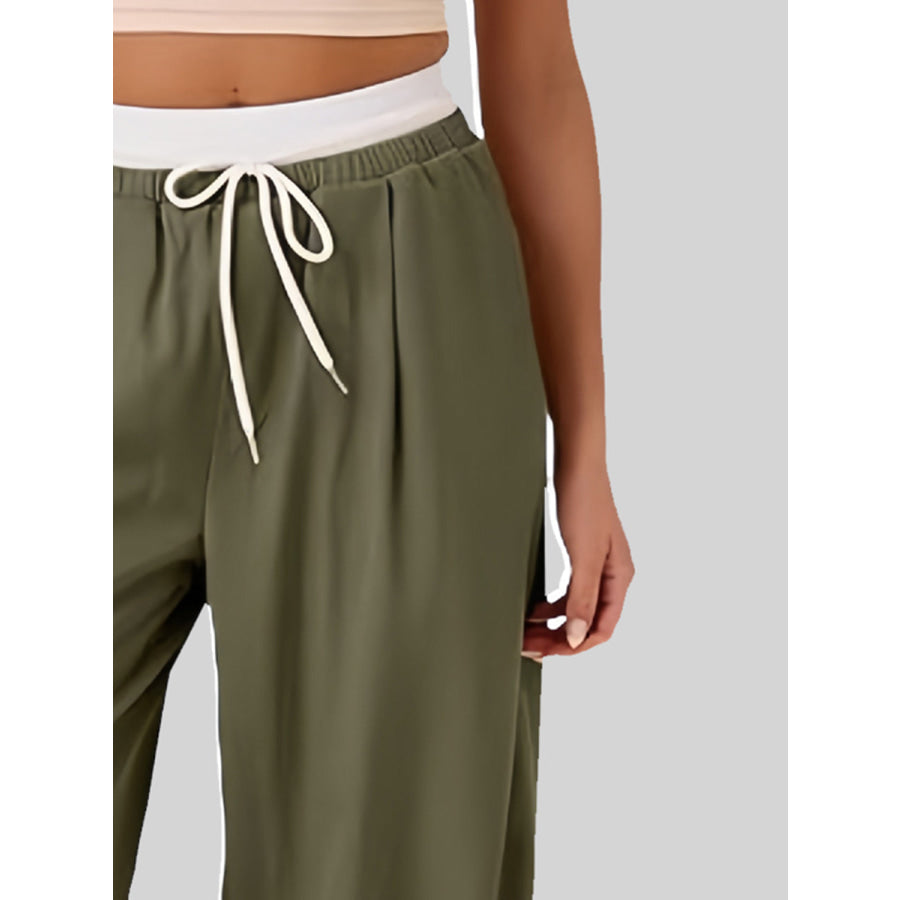 Contrast Waistband Drawstring Wide Leg Pants Apparel and Accessories