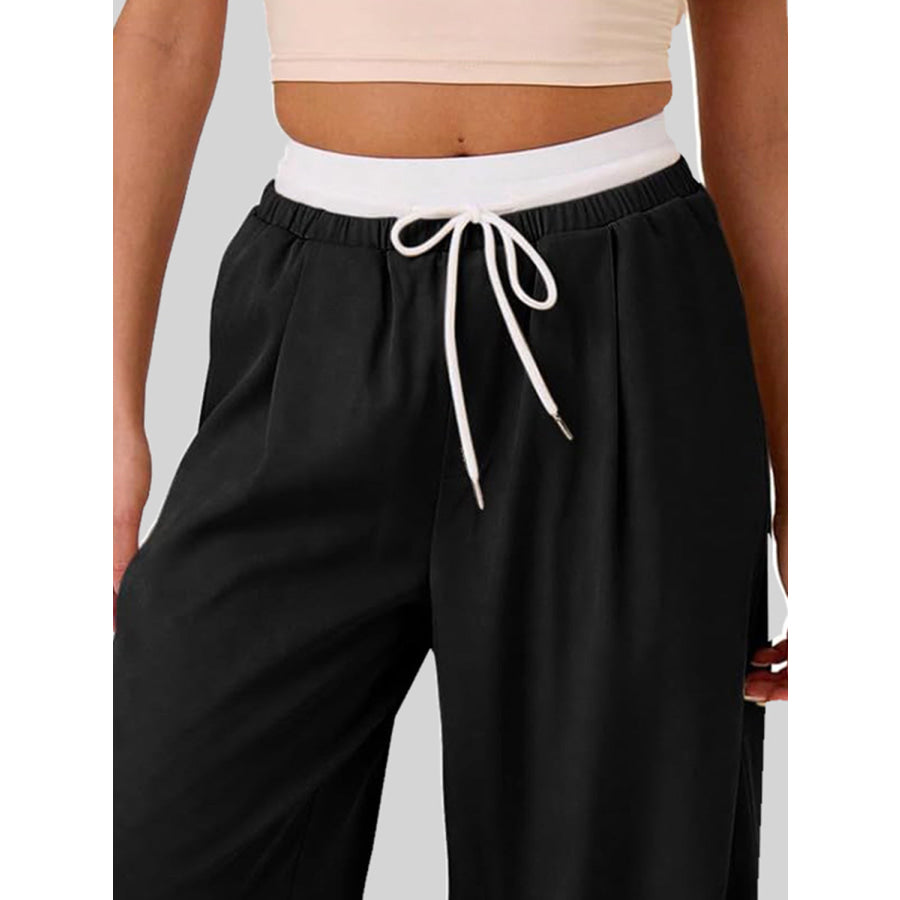 Contrast Waistband Drawstring Wide Leg Pants Apparel and Accessories