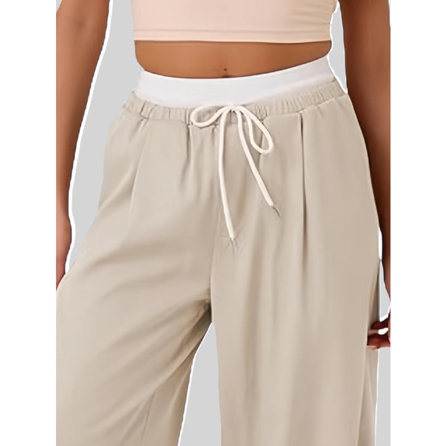 Contrast Waistband Drawstring Wide Leg Pants Apparel and Accessories
