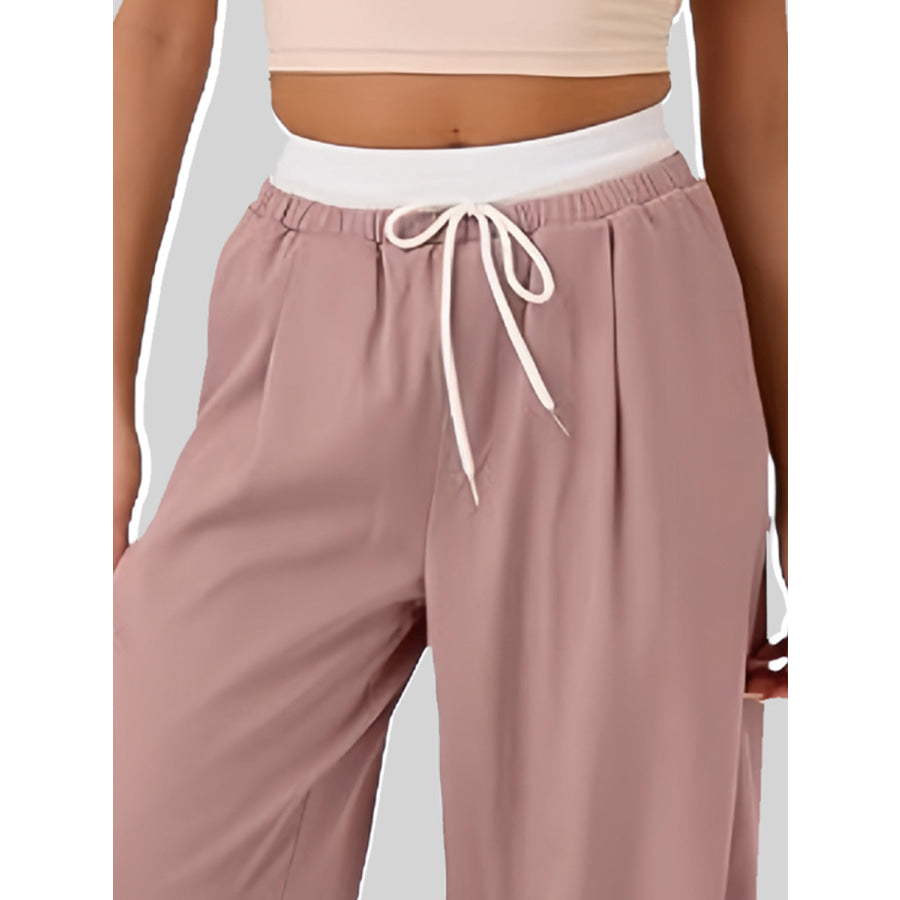 Contrast Waistband Drawstring Wide Leg Pants Apparel and Accessories
