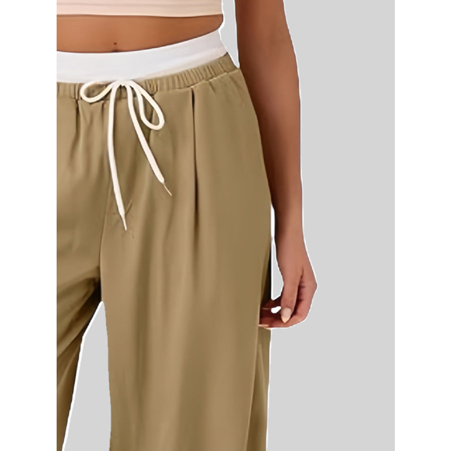 Contrast Waistband Drawstring Wide Leg Pants Apparel and Accessories