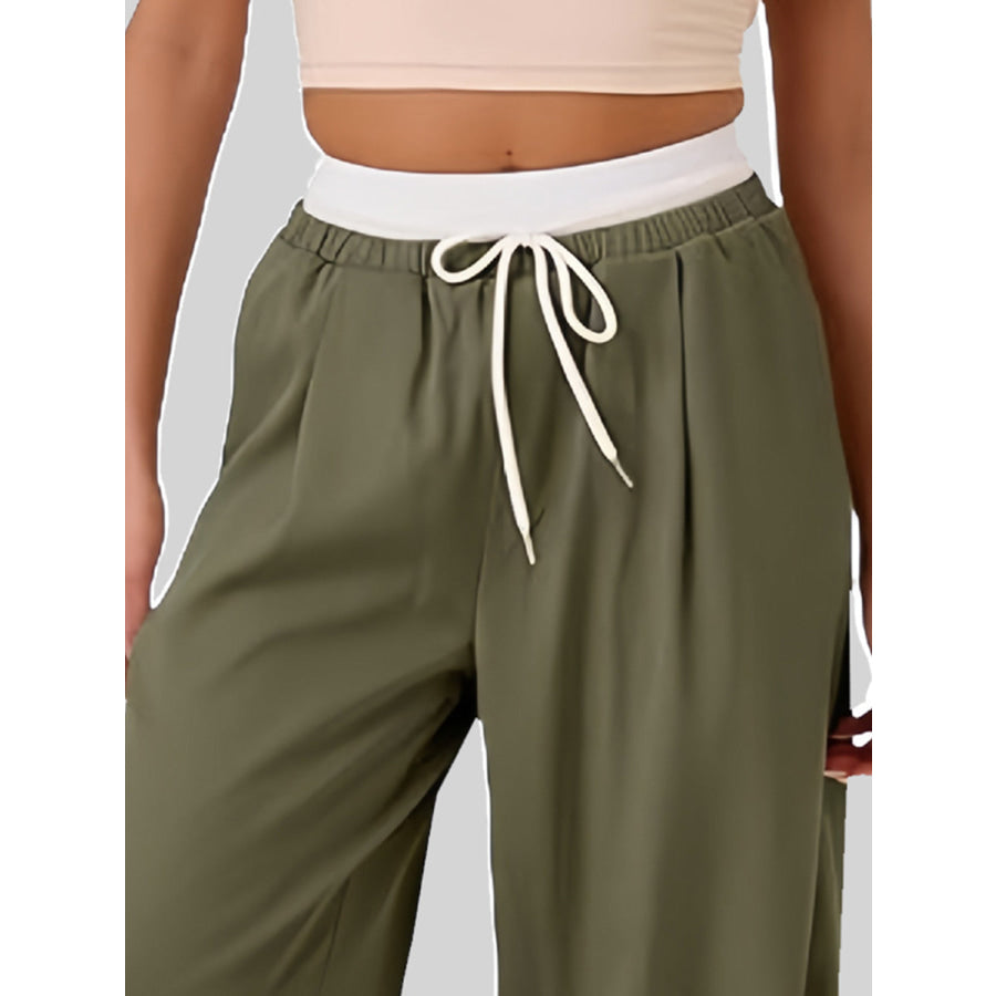 Contrast Waistband Drawstring Wide Leg Pants Apparel and Accessories