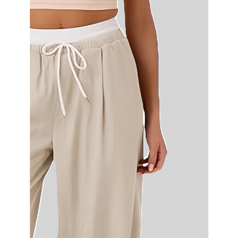 Contrast Waistband Drawstring Wide Leg Pants Apparel and Accessories