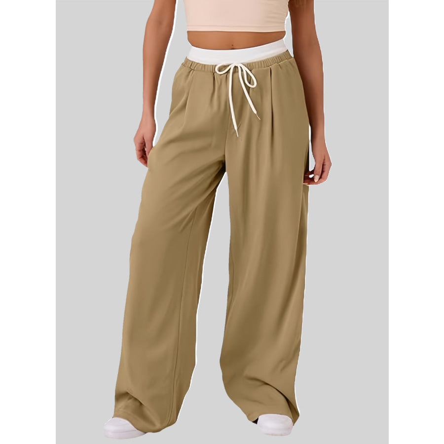 Contrast Waistband Drawstring Wide Leg Pants Camel / S Apparel and Accessories