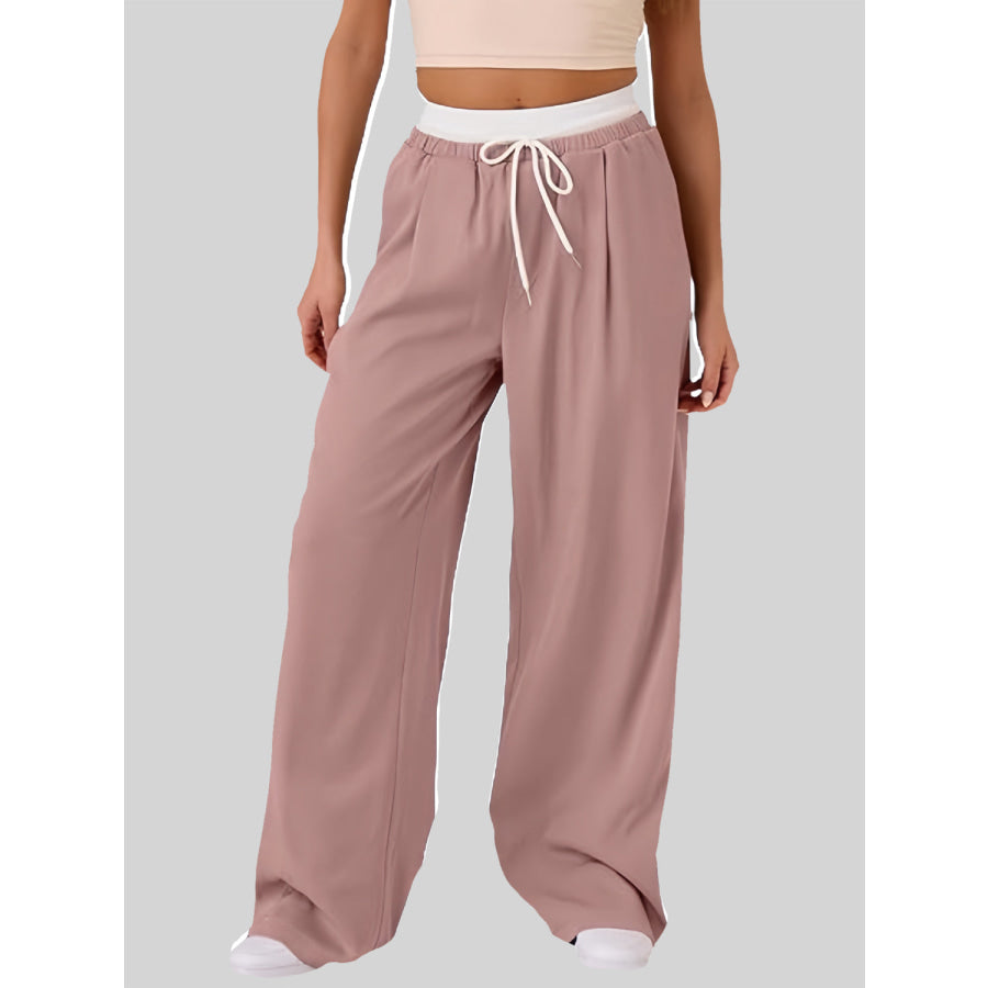 Contrast Waistband Drawstring Wide Leg Pants Dusty Pink / S Apparel and Accessories