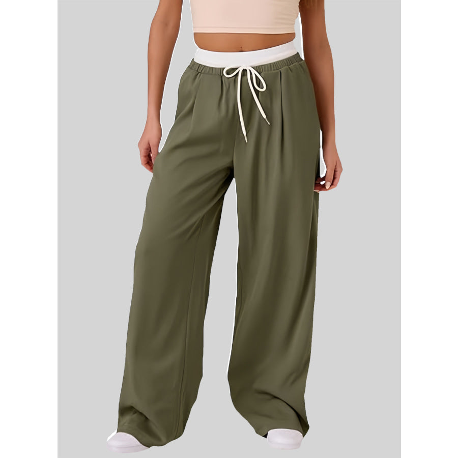 Contrast Waistband Drawstring Wide Leg Pants Moss / S Apparel and Accessories