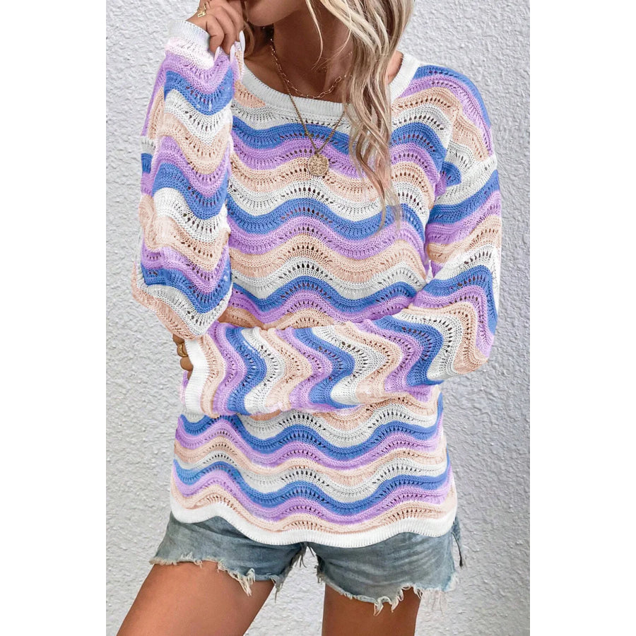 Contrast Wave Stripe Long Sleeve Sweater Apparel and Accessories