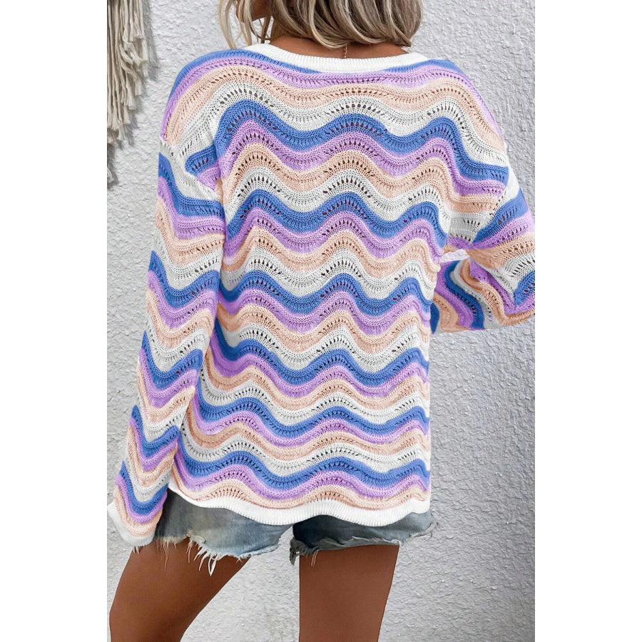 Contrast Wave Stripe Long Sleeve Sweater Apparel and Accessories