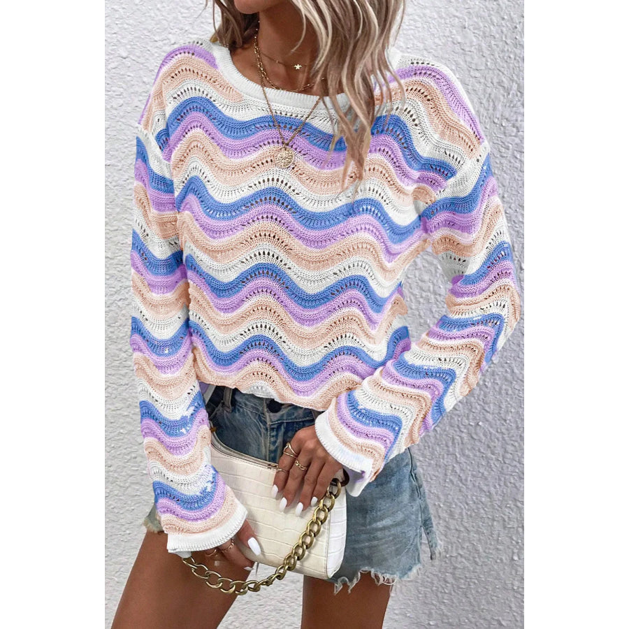 Contrast Wave Stripe Long Sleeve Sweater Apparel and Accessories