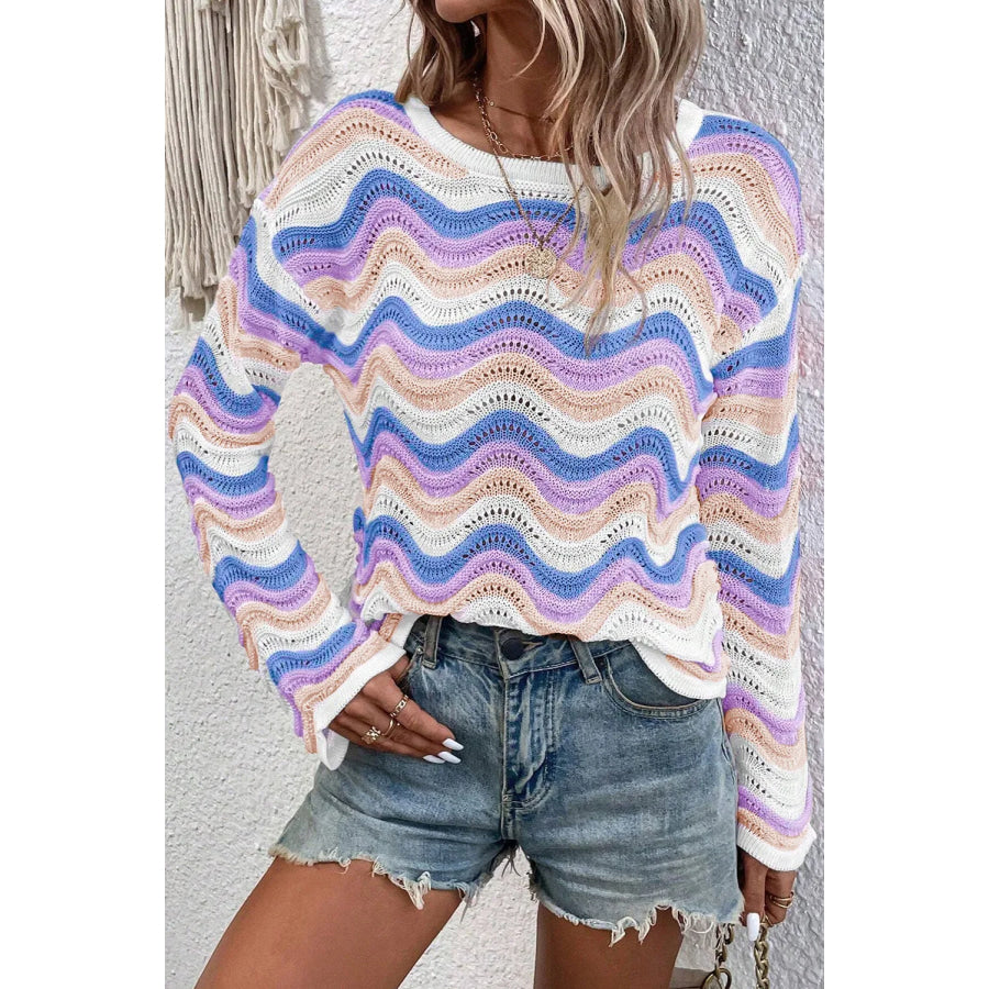 Contrast Wave Stripe Long Sleeve Sweater Lavender / S Apparel and Accessories