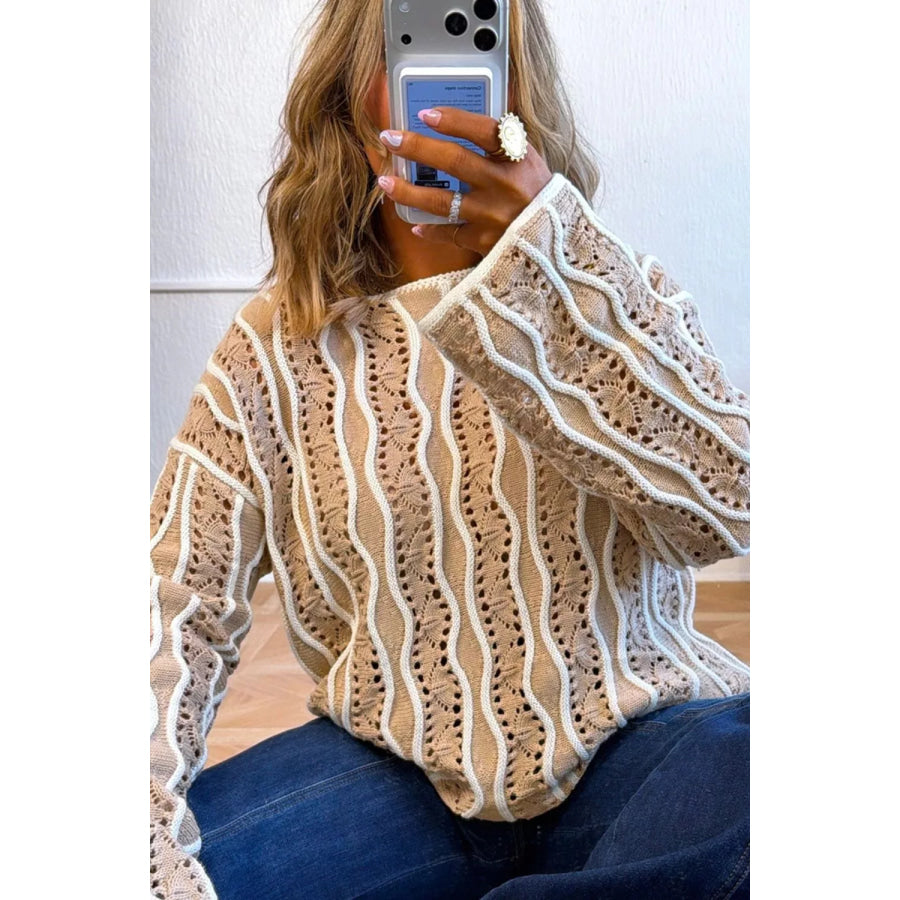 Contrast Wavy Striped Openwork Knit Top Apparel and Accessories