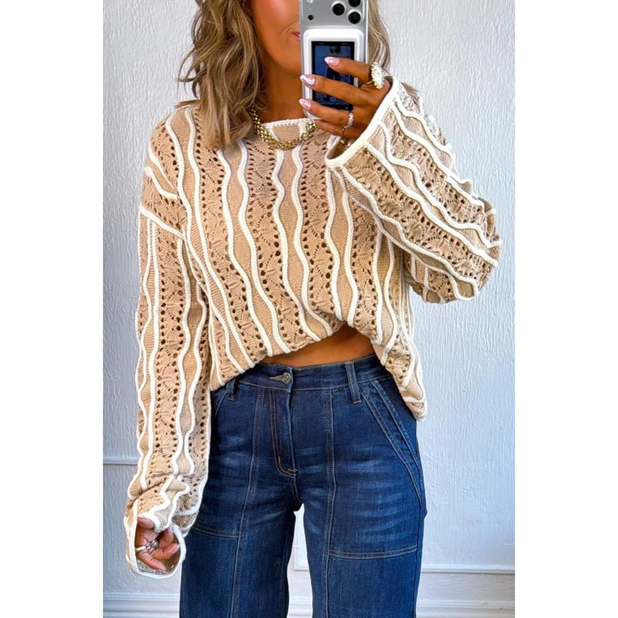 Contrast Wavy Striped Openwork Knit Top Apparel and Accessories