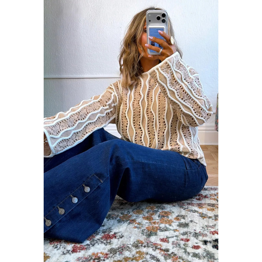 Contrast Wavy Striped Openwork Knit Top Apparel and Accessories