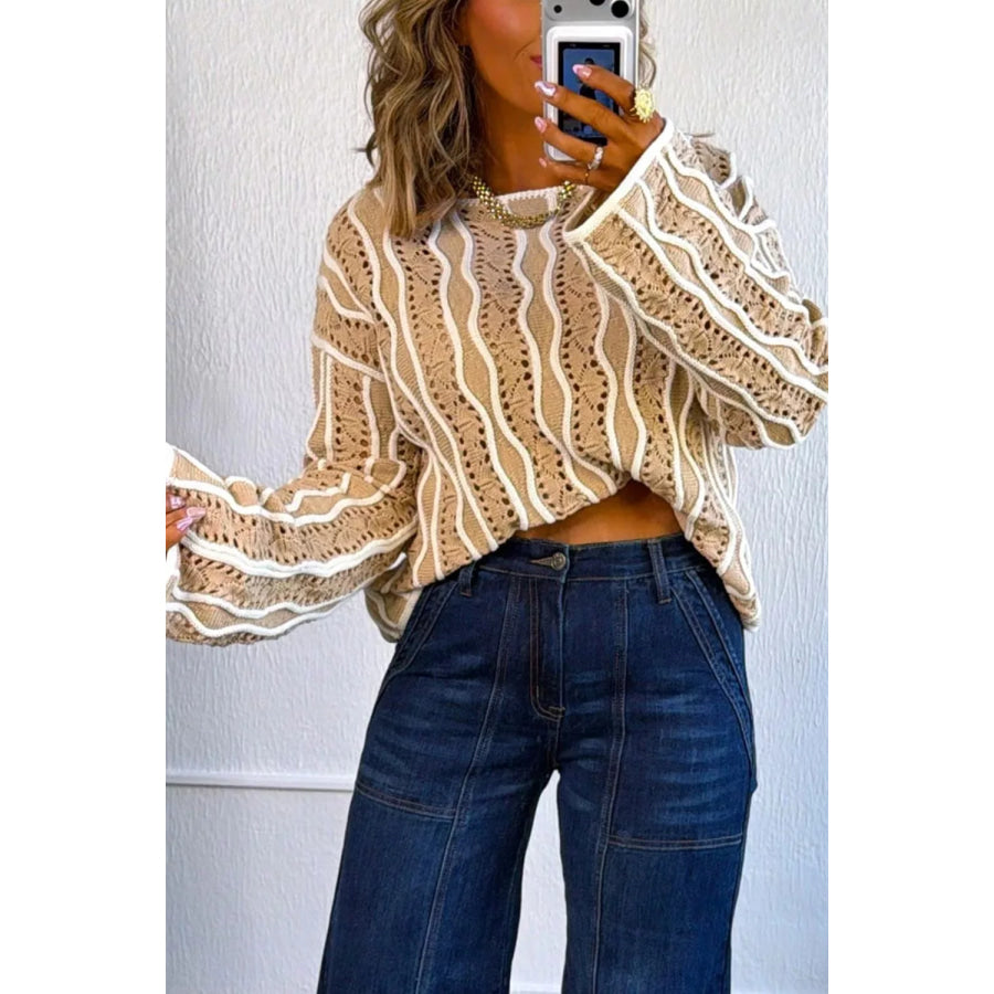 Contrast Wavy Striped Openwork Knit Top Apparel and Accessories