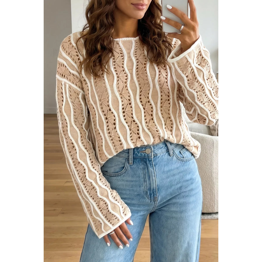 Contrast Wavy Striped Openwork Knit Top Beige / S Apparel and Accessories