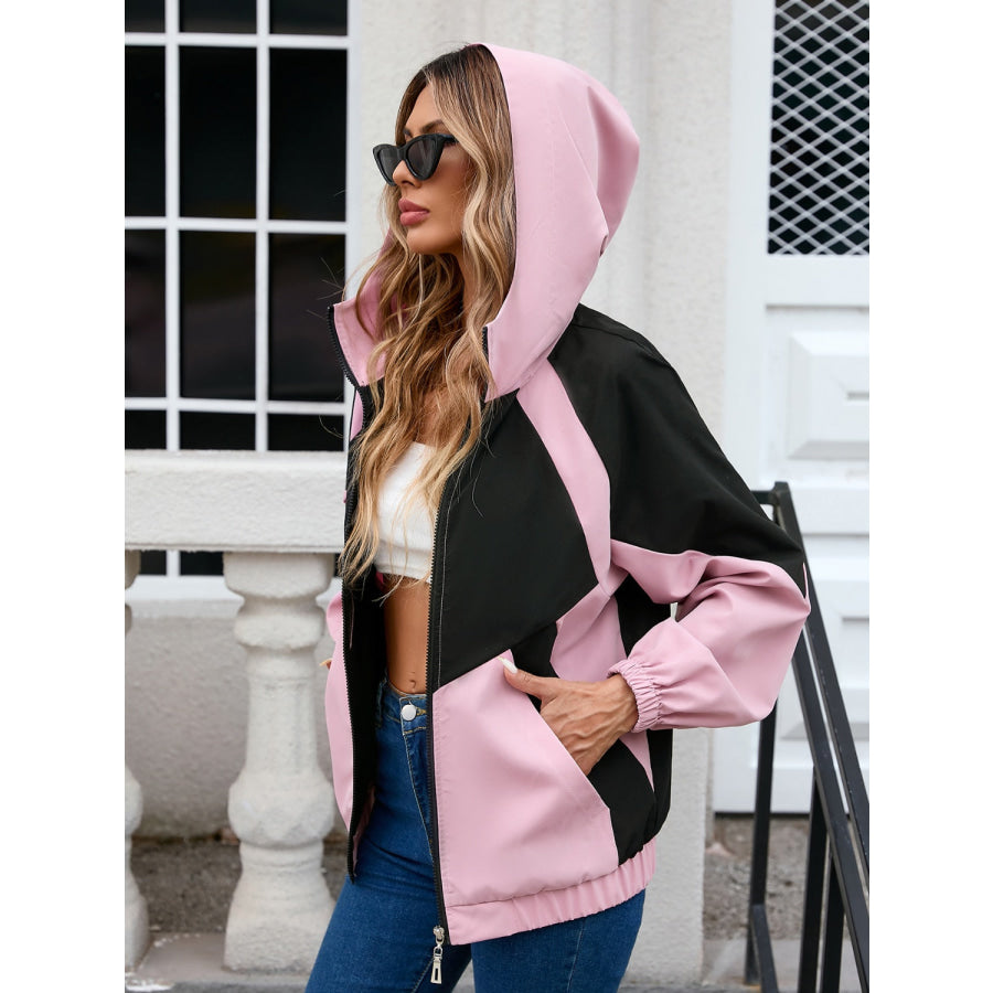 Contrast Zip Up Long Sleeve Hooded Jacket Apparel and Accessories