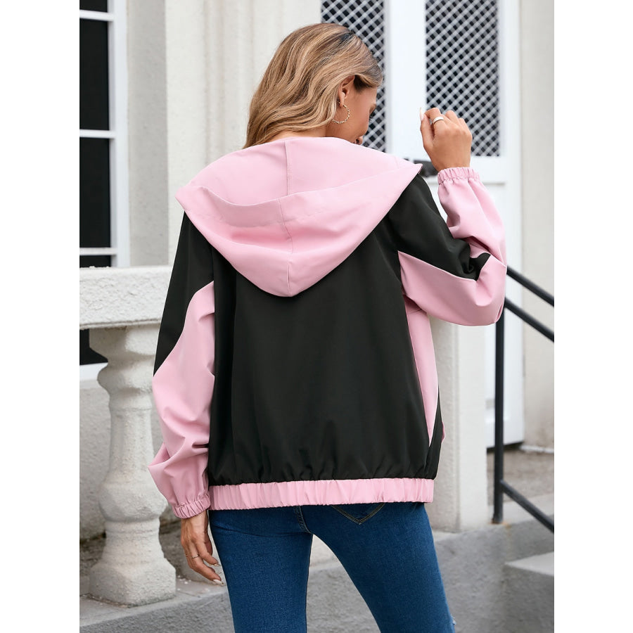 Contrast Zip Up Long Sleeve Hooded Jacket Blush Pink / S Apparel and Accessories