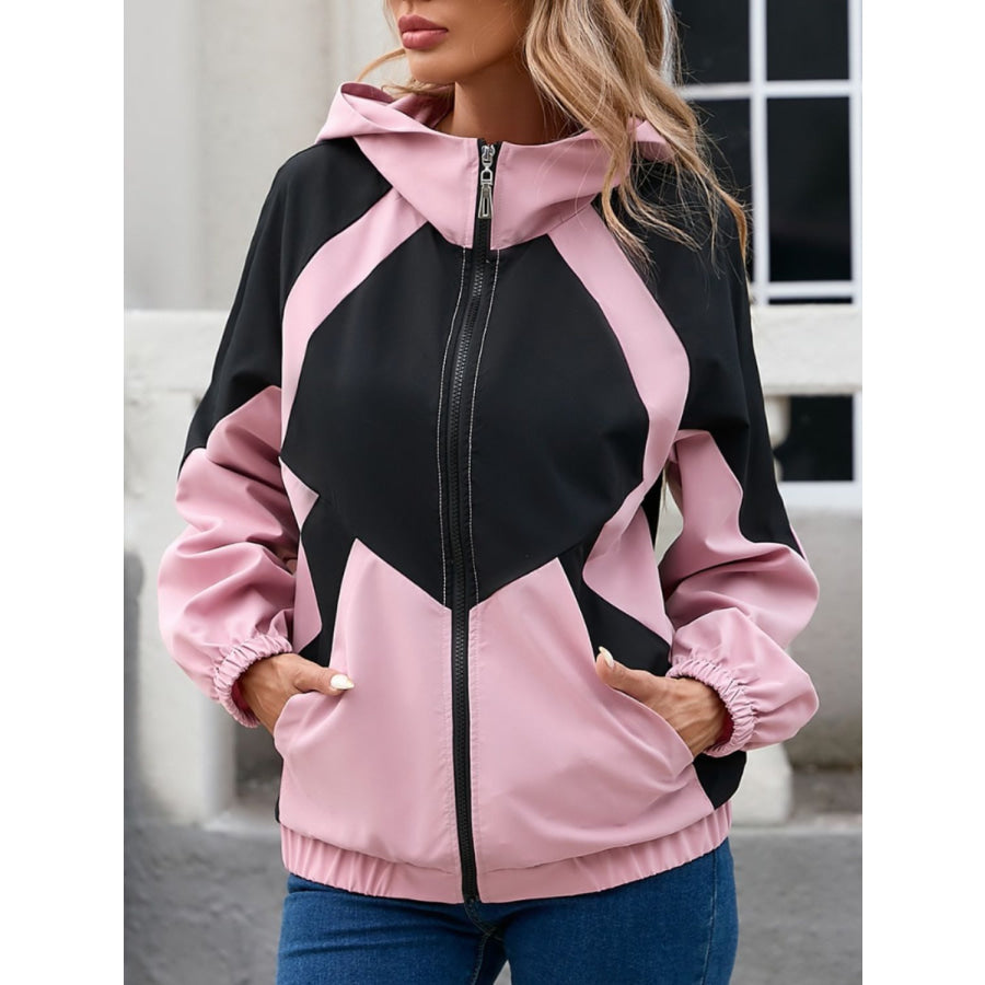 Contrast Zip Up Long Sleeve Hooded Jacket Blush Pink / S Apparel and Accessories