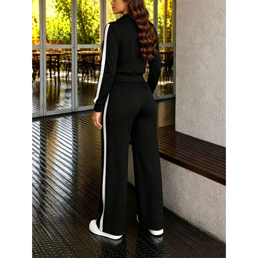 Contrast Zip Up Top and Pants Set Apparel Accessories