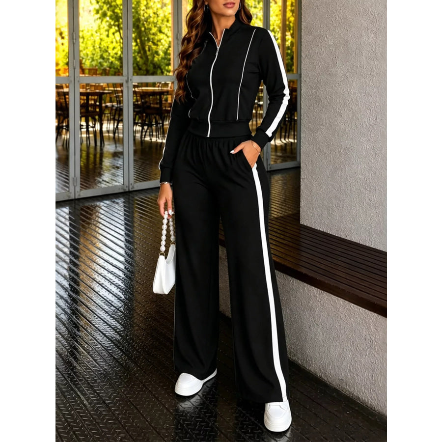 Contrast Zip Up Top and Pants Set Black / S Apparel Accessories