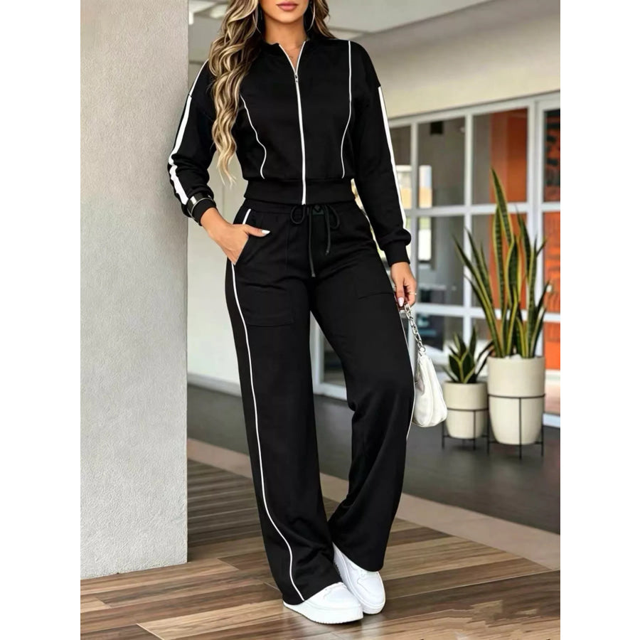 Contrast Zip Up Top and Pants Set Apparel Accessories