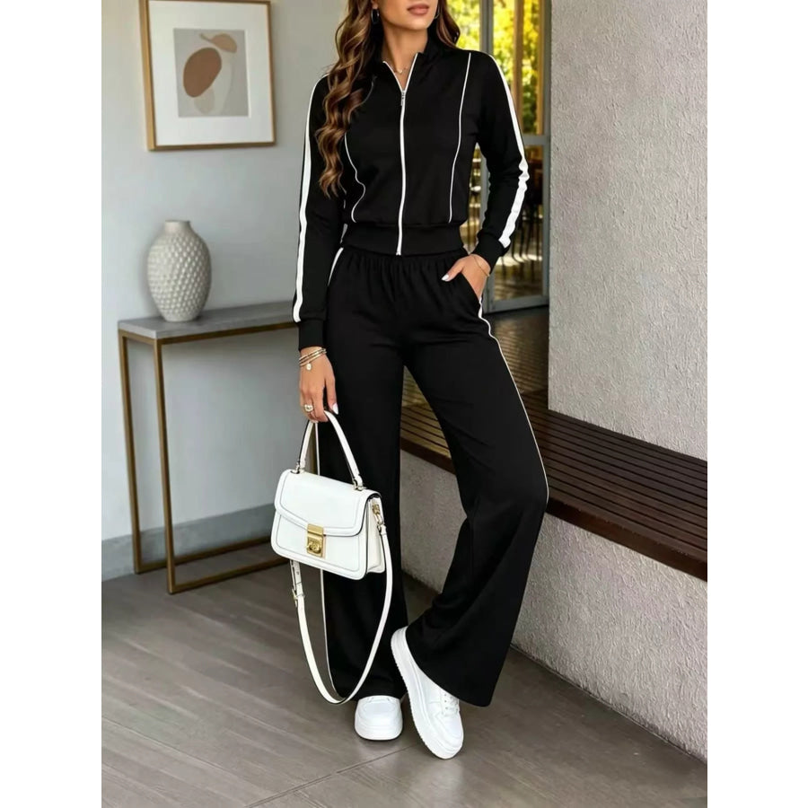 Contrast Zip Up Top and Pants Set Black / S Apparel Accessories