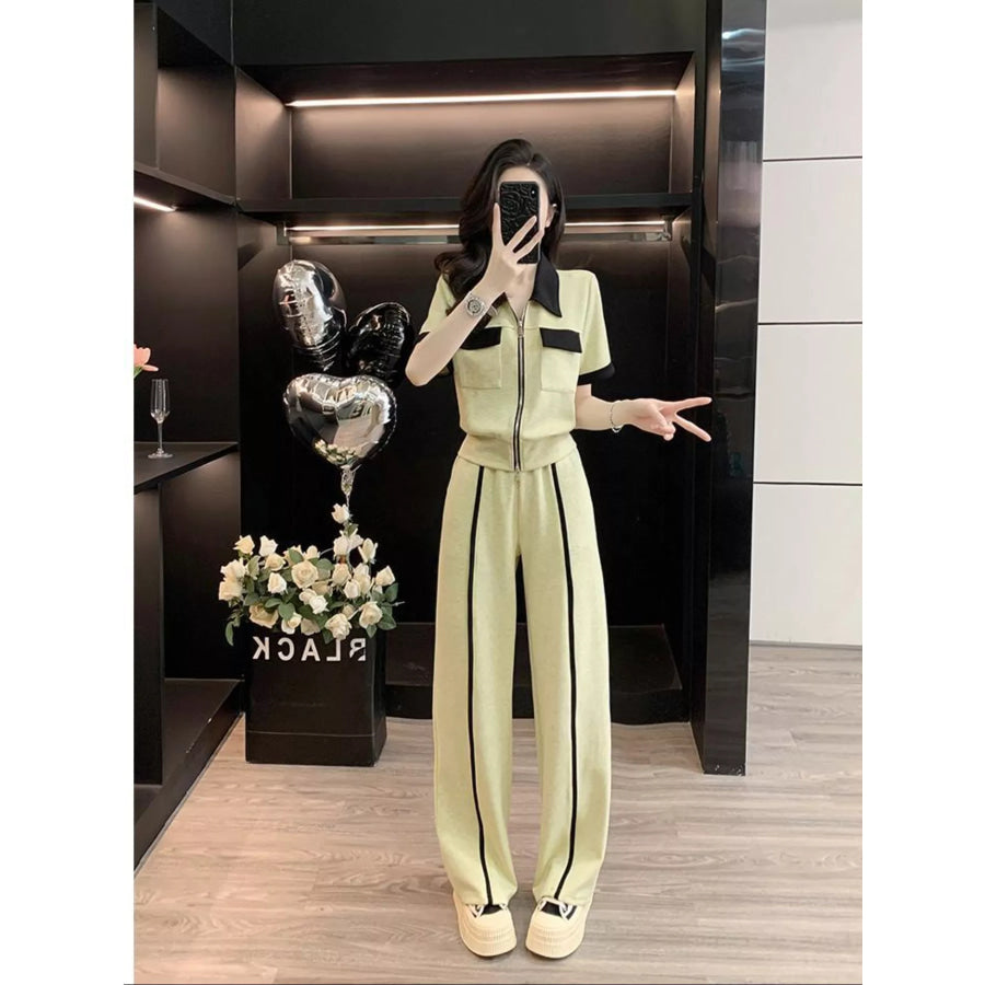 Contrast Zip Up Top and Wide-Leg Pants Set Apparel and Accessories