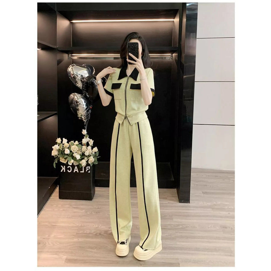 Contrast Zip Up Top and Wide-Leg Pants Set Beige / S Apparel and Accessories