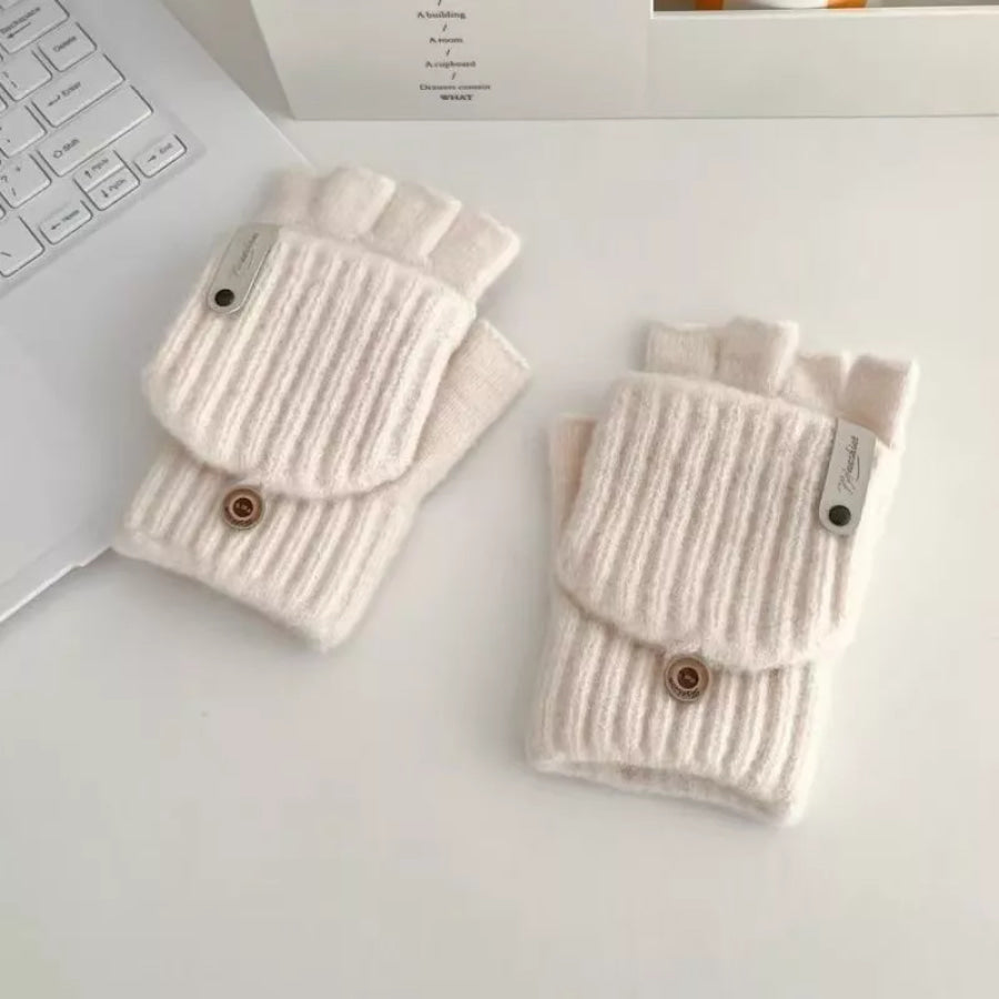 Convertible Knit Fingerless Gloves with Mitten Cover Ivory / ONESIZE Apparel and Accessories