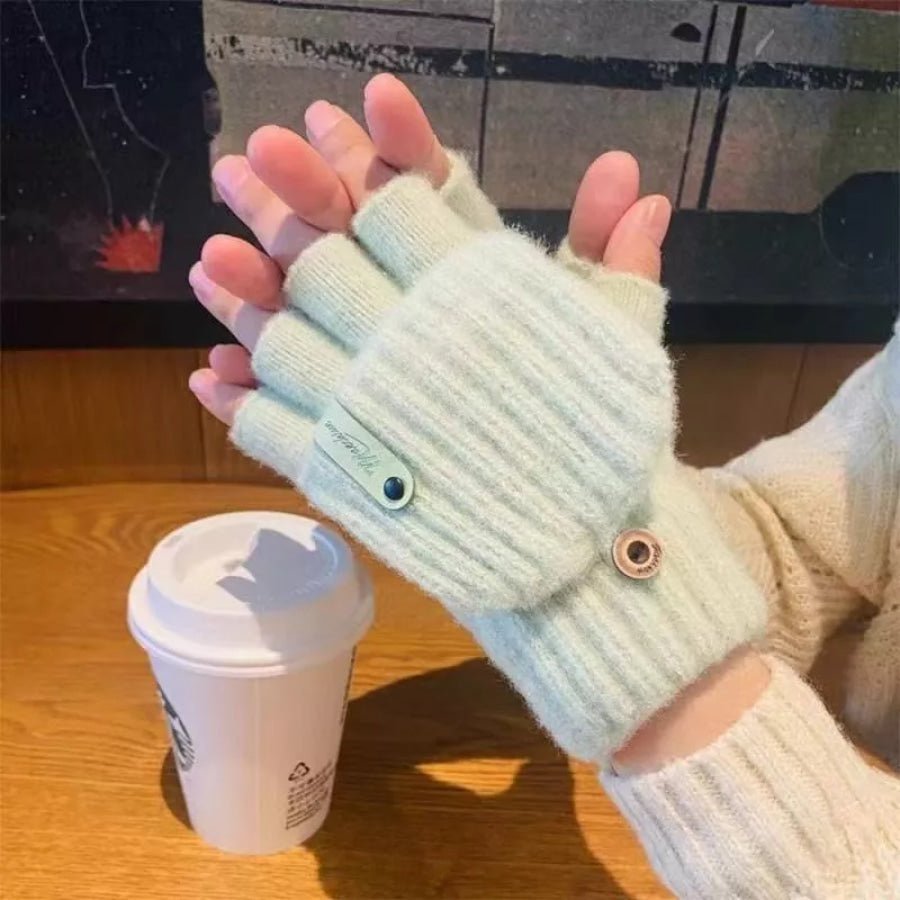 Convertible Knit Fingerless Gloves with Mitten Cover Light Green / ONESIZE Apparel and Accessories
