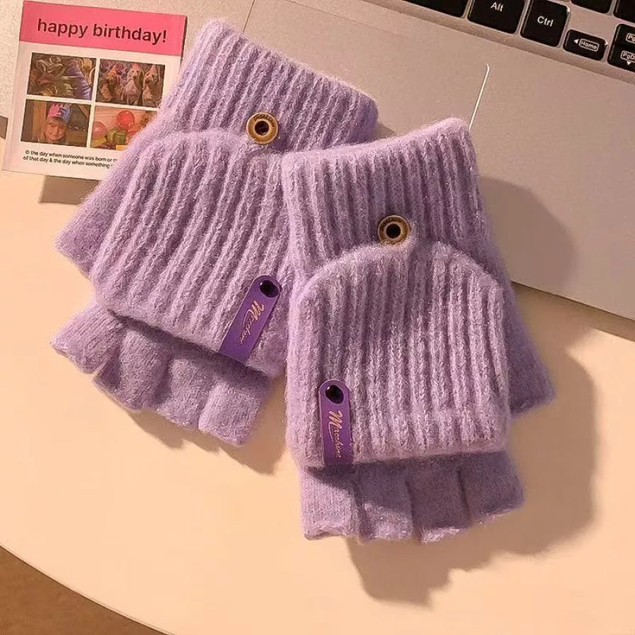 Convertible Knit Fingerless Gloves with Mitten Cover Pink Purple / ONESIZE Apparel and Accessories