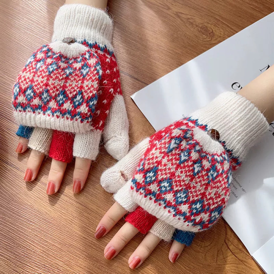 Convertible Knit Gloves with Nordic Pattern Ivory / One Size Apparel and Accessories