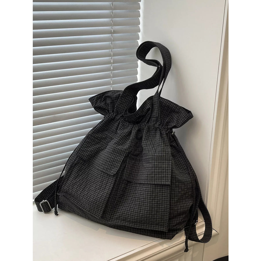 Convertible Plaid Drawstring Backpack Bag Black / One Size Apparel and Accessories