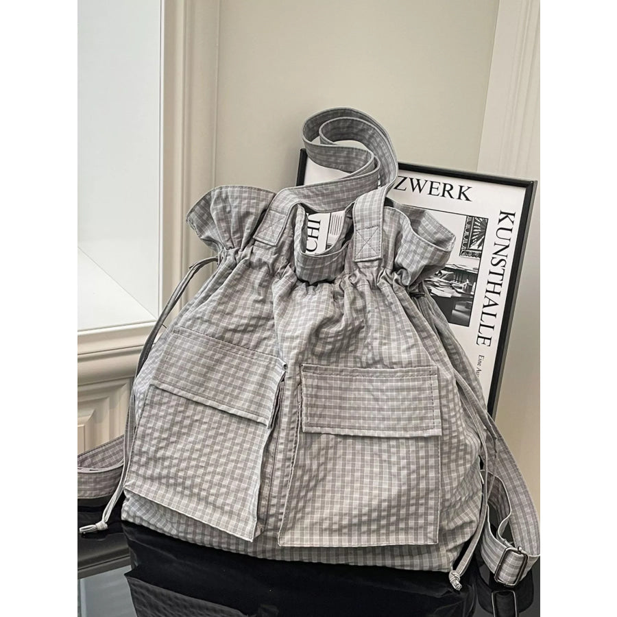 Convertible Plaid Drawstring Backpack Bag Grey / One Size Apparel and Accessories