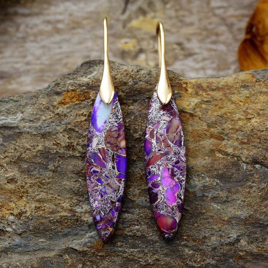 Copper Natural Stone Geometric Shape Earrings Purple/Gold / One Size Apparel and Accessories