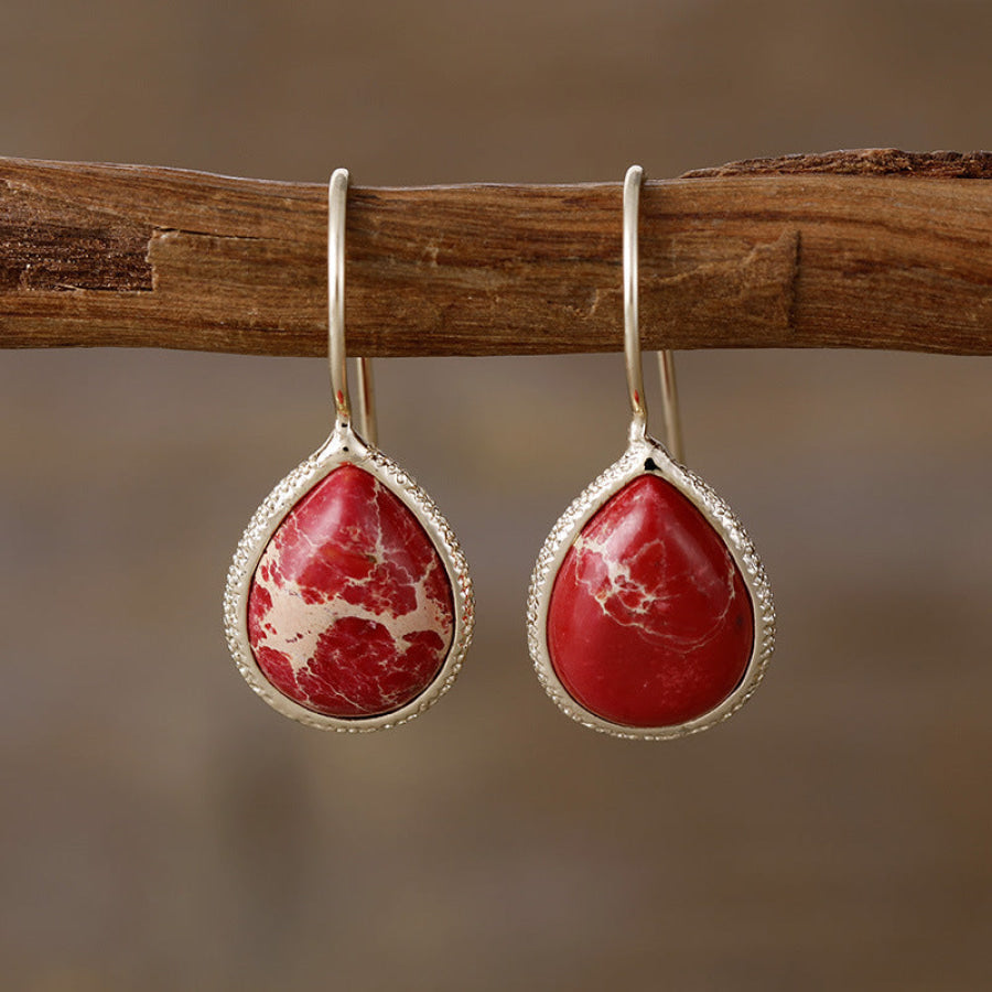 Copper Natural Stone Teardrop Shape Earrings Deep Red / One Size Apparel and Accessories